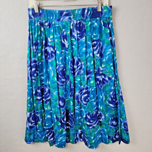 Leslie Fay Vintage Pleated Floral Skirt Turquoise Blue Roses Elastic Waist 12